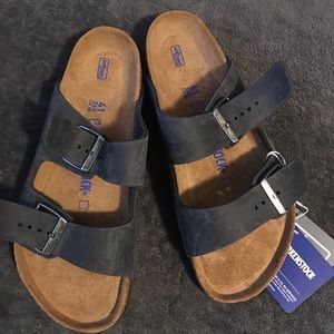 Birkenstock Black Straps leather Ladies sz10/Mens sz8 new w/box Reg $125